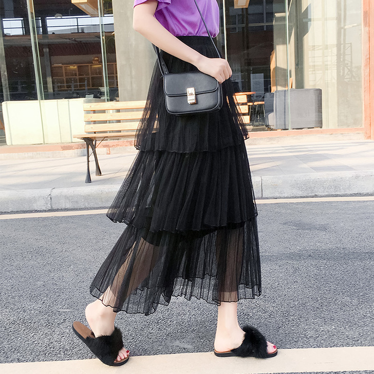蛋糕裙半身裙女2019春夏高腰中长款百褶A...
