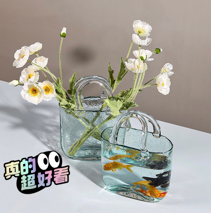 网红创意透明玻璃手提包包花瓶摆件客厅插花水...