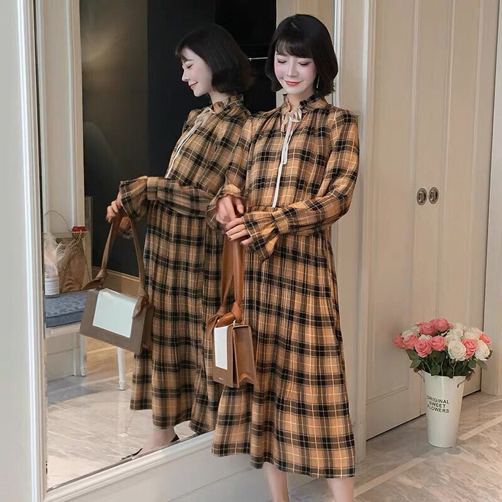 格子连衣裙女春衬衫复古 棉料的，99新，穿...