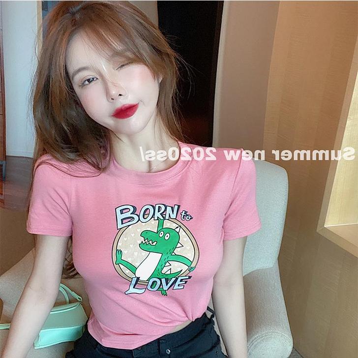 美式印花短袖上衣女夏装2020新款修身短款...