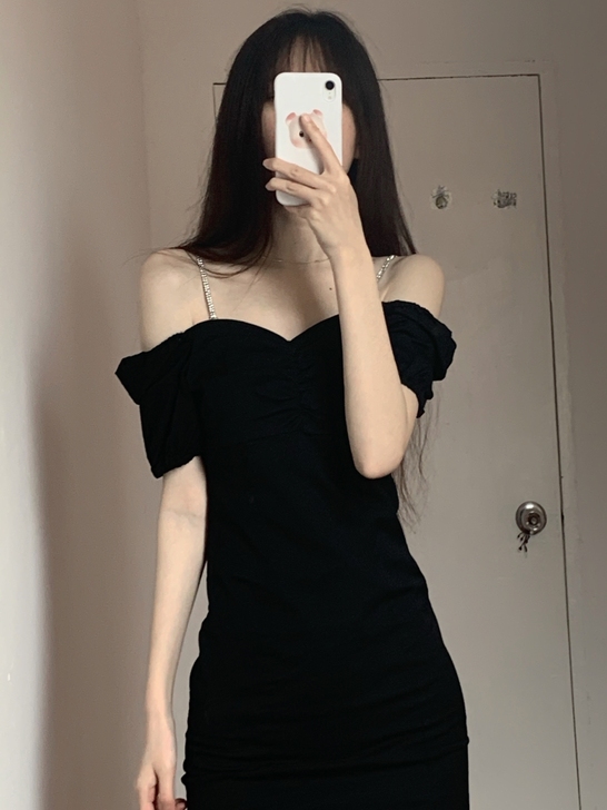 【清仓黑裙】法式小众气质方领连衣裙女夏暗黑...