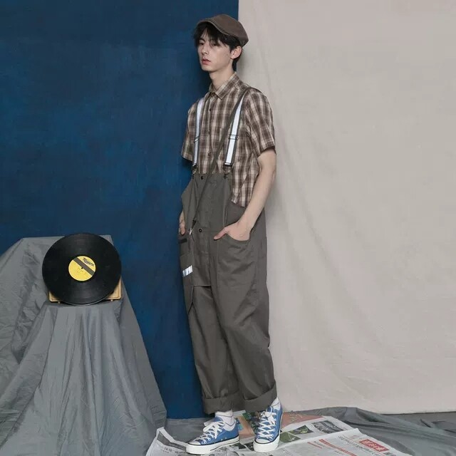 日系工装机能风配包包背带裤长裤潮男街头个性...