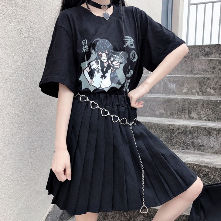 原创暗黑系二次元动漫印花宽松短袖t恤女潮软...