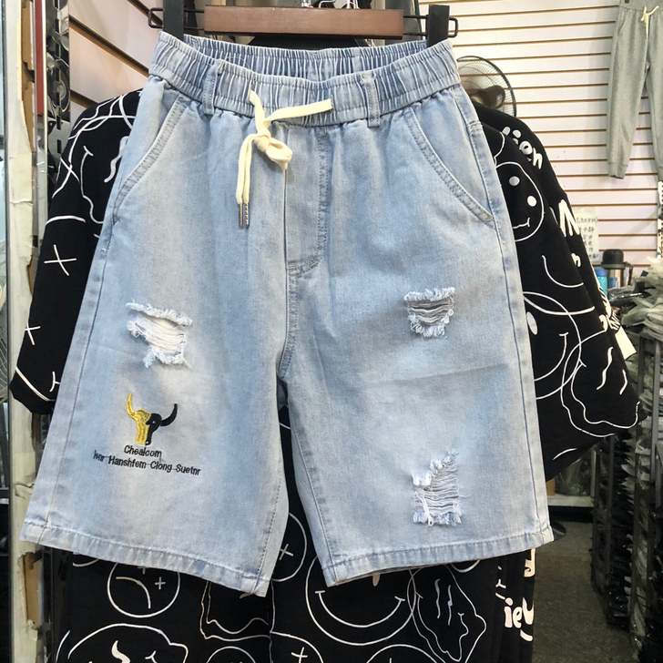 全新情侣款浅蓝色松紧腰牛仔中裤23.8元包...