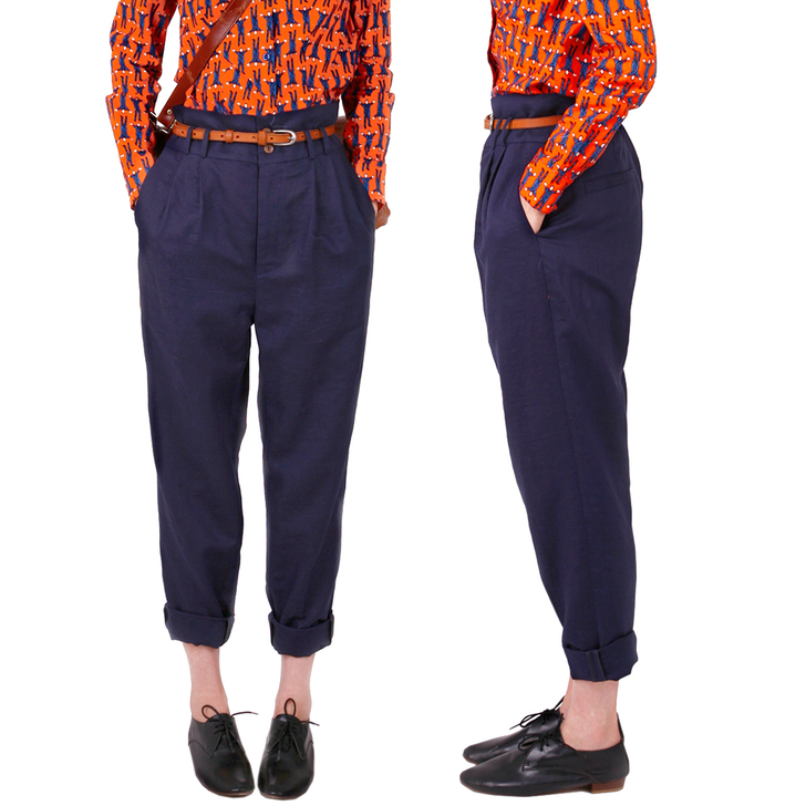 【有耳】秋冬新款 深蓝色复古风 亚麻高腰裤...