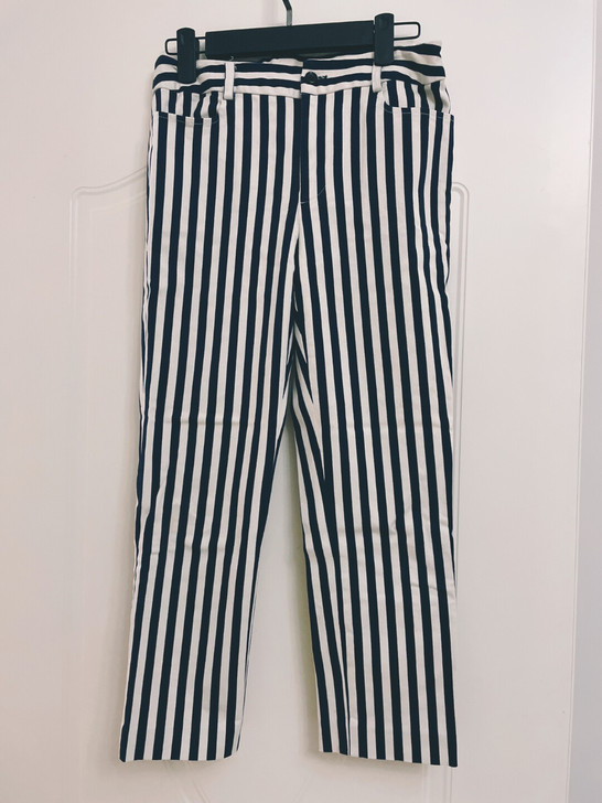 港风条纹牛仔弹力八分裤 小脚裤 颜色白色藏...