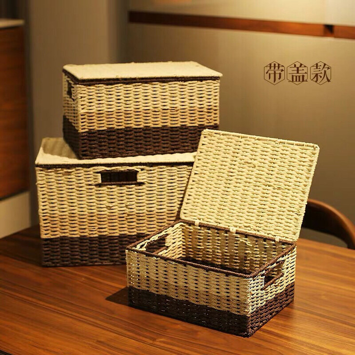 桌面田园收纳箱带盖盒子杂物储物箱纸藤编零食...