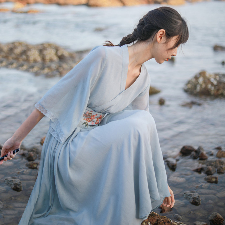 复古交领腰封刺绣连衣裙改良汉服雪纺裙子收腰...