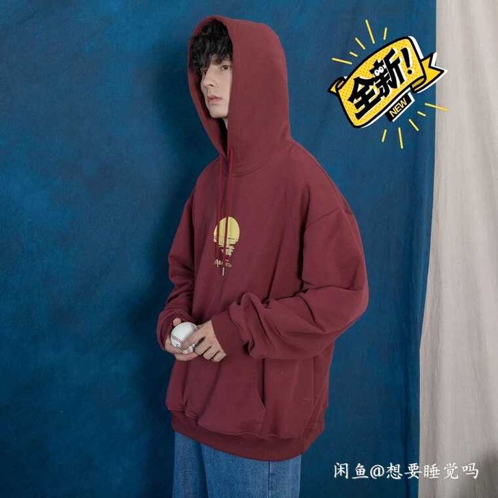蒙马特先生 日系复古夕阳印花连帽加绒卫衣红...