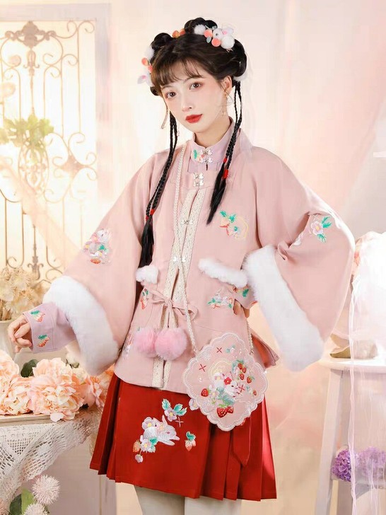 玉术汉服女花开兔原创汉元素加厚方领半袖披袄...