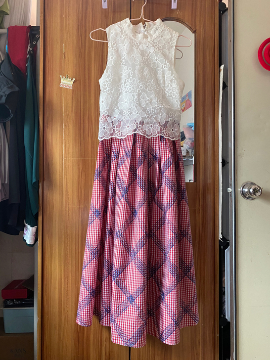 【瑕疵39包邮】白色蕾丝拼接红蓝格纹 仙女...