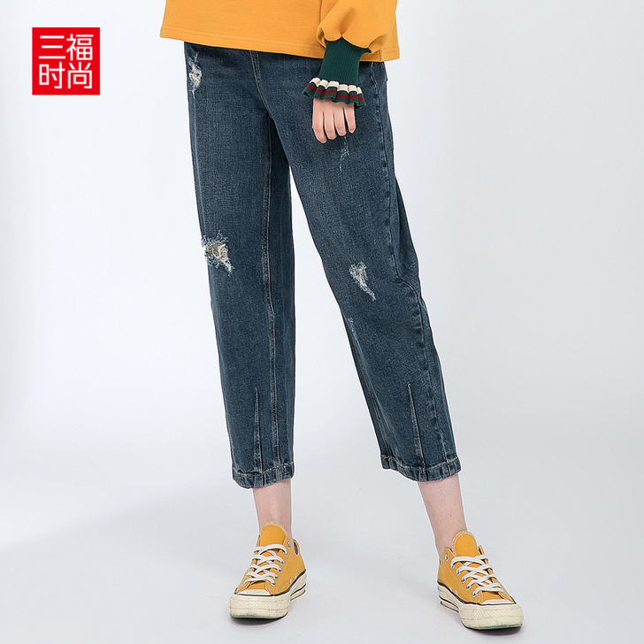 三福2018冬时尚牛仔料毛须腰头牛仔裤38...
