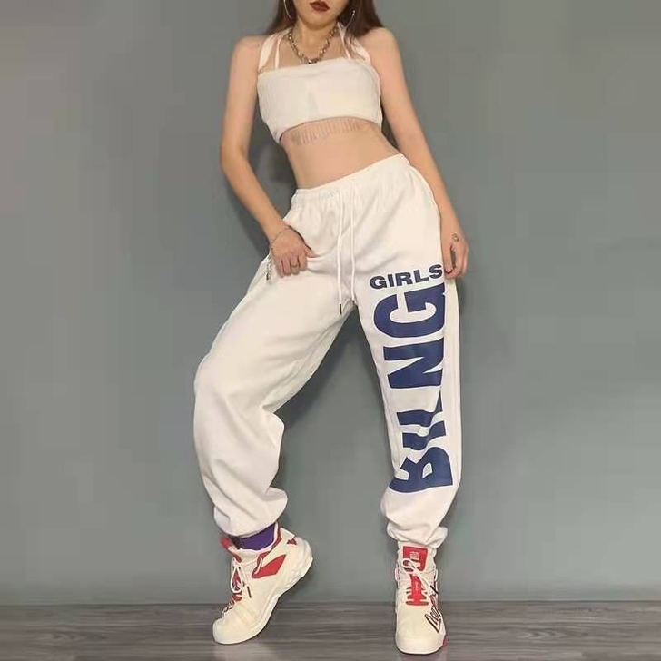 oversize白色运动裤女宽松束脚嘻哈裤...