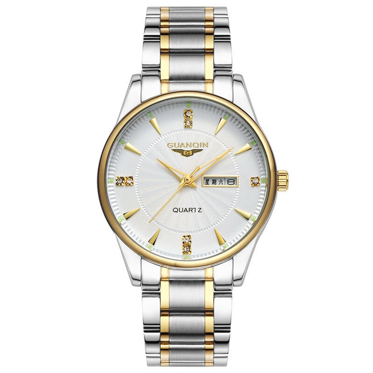 冠琴正品男士手表防水石英表钢带双日历夜光时...