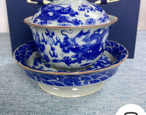 闲鱼景德镇老陶泥龙纹大盖碗青花瓷复古高足大...