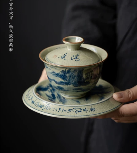 老陶泥青花盖碗茶杯高端复古陶瓷功夫茶具套装...