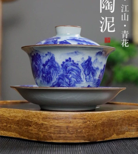 景德镇老陶泥开片千里江山图三才盖碗青花泡茶...