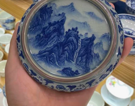 景德镇老陶泥千里江山大号杯垫盖置仿古青花山...