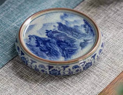 景德镇老陶泥千里江山小号杯垫盖置仿古青花山...
