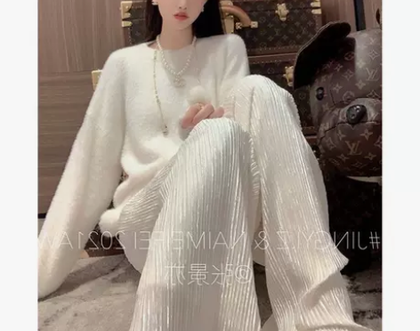 2022春季新款高腰垂感压褶丝绒阔腿裤女直...