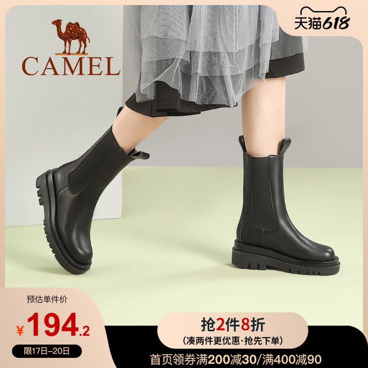 骆驼女鞋2020冬季新款加绒靴女中筒马丁靴...