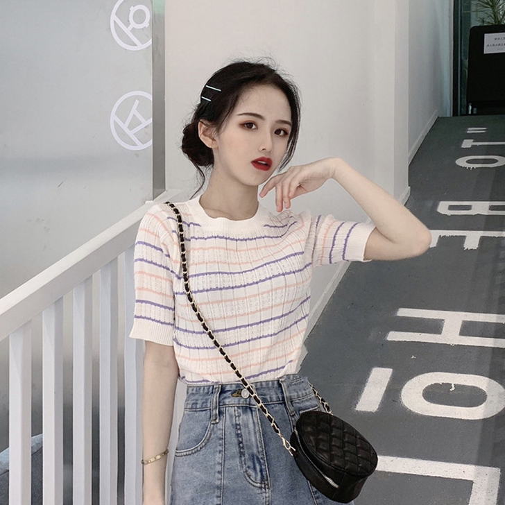 夏季2021新款韩版森系学生短袖T恤撞色条...