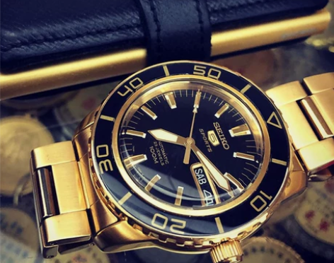 正品精工手表Seiko 5黑金钢带运动机械...