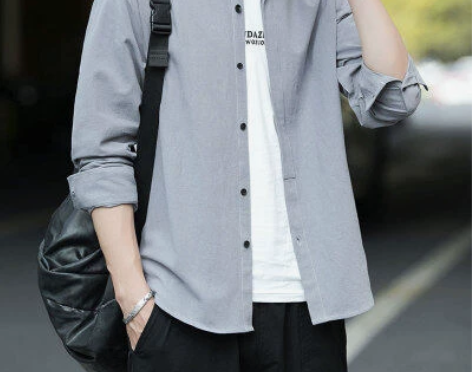 纯棉男士长袖衬衫韩版潮流日系休闲工装宽松衬...