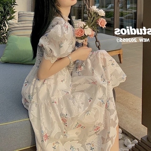 法式小众温柔风甜美复古茶歇碎花连衣裙夏森系...
