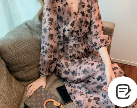 名媛风豹纹V领碎花连衣裙女秋夏大码女神范