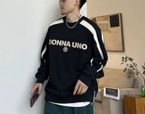 春秋季男士百搭圆领卫衣宽松套头印花拼色外套