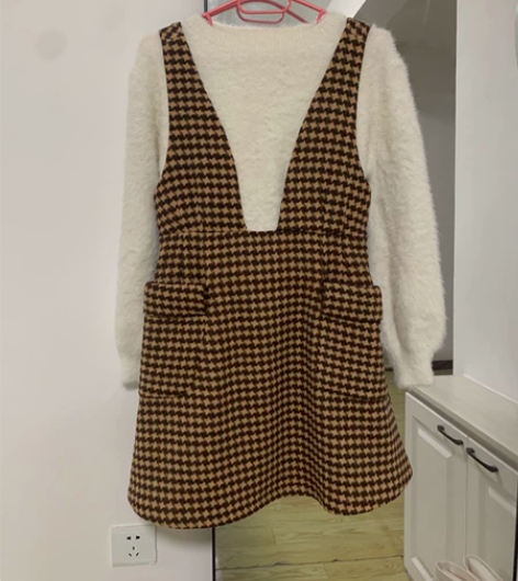 秋冬千鸟格毛呢背带裙 两侧带口袋 伞状裙子...