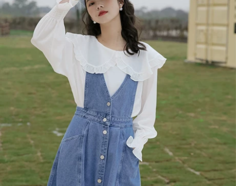 高腰牛仔背带裙少女小个子连衣裙收腰春新款赫...