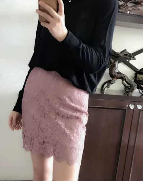 包臀裙 包裙包臀半身裙黑色睫毛蕾丝短裙黑色...