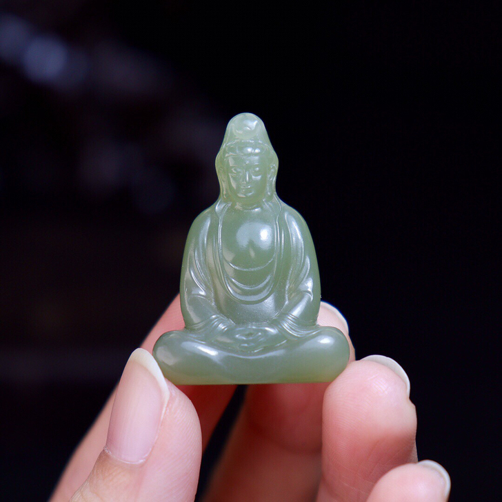 玉雕工厂亏本清~和田玉立体捧珠观音菩萨青碧...