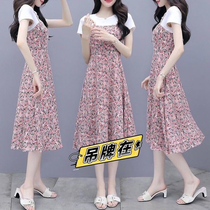 2021夏季新款吊带假两件连衣裙女气质显瘦...