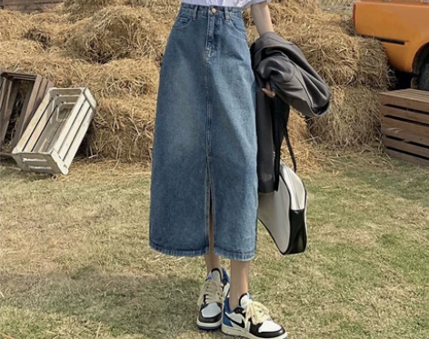 复古开叉牛仔半身裙女秋季新款高腰显瘦显高包...