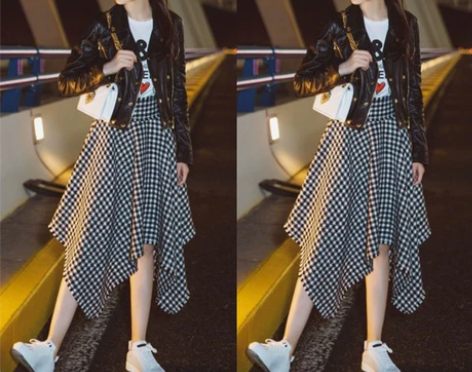 迪丽热巴明星同款半身裙千鸟格高腰中长款不规...