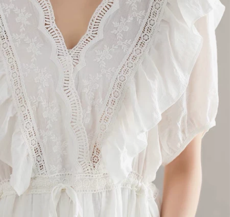 蕾丝V领荷叶边白色连衣裙女 夏季新款显瘦收...