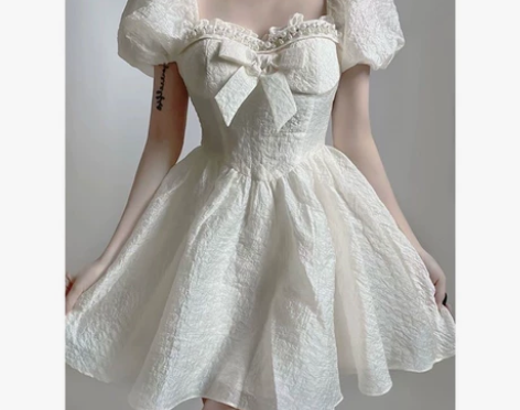 法式方领重工钉珠公主裙女夏季气质收腰蝴蝶结...