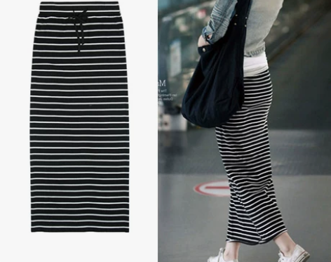 橫条纹半身裙女2021春夏新款高腰中长款铅...