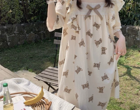 公主风蕾丝可爱小熊荷叶边宽松睡裙日系睡衣女...