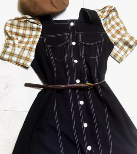 [闪亮]学院风牛仔撞色方领连衣裙，复古泡泡...