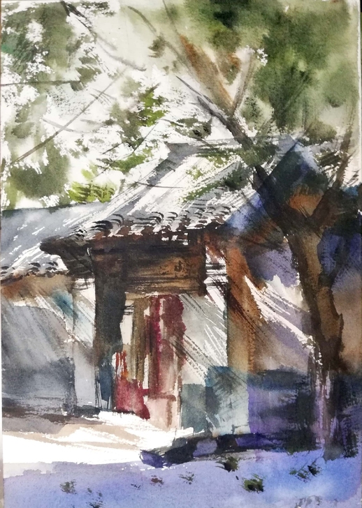 水彩画作品16k20风景写生建筑可定制约稿
