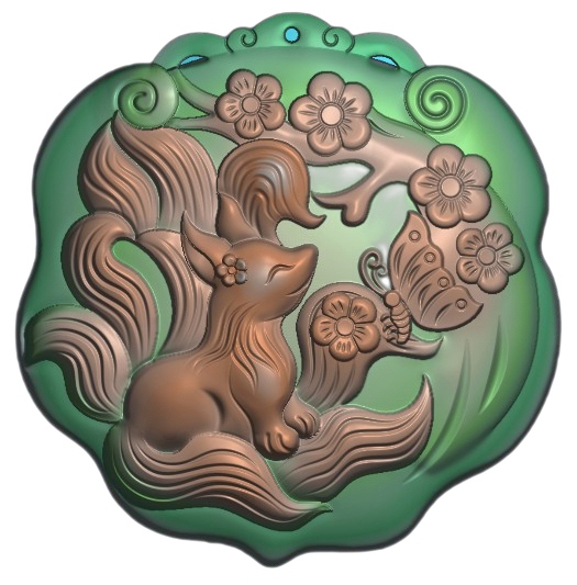九尾狐狸,平面图,浮雕图,精雕图玉雕狐狸j...