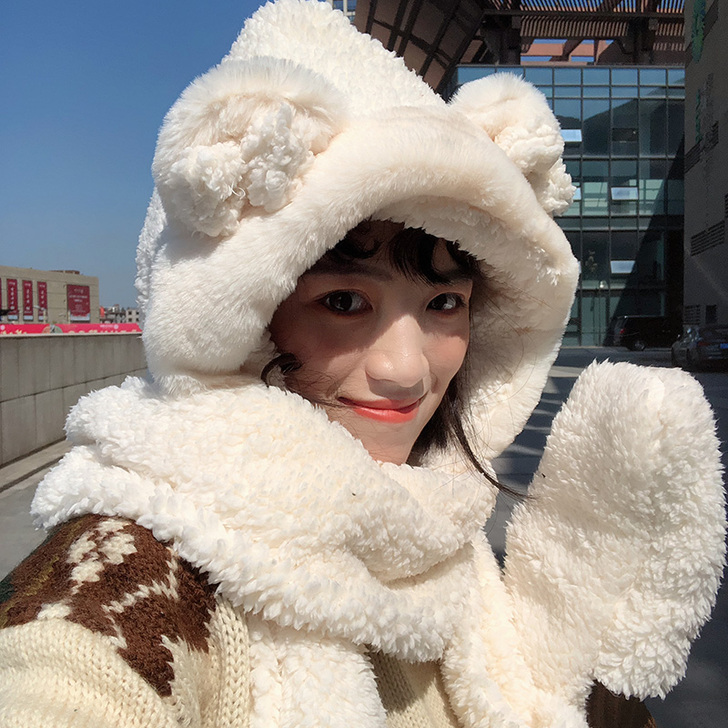 秋冬女甜美熊耳朵仿羊羔毛围巾帽子手套三件套...