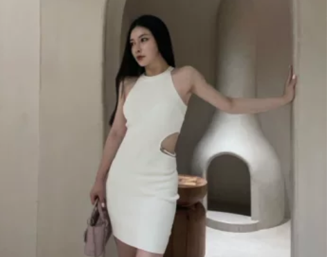 白树森林性感的腰精挂脖镂空针织连衣裙女夏季...