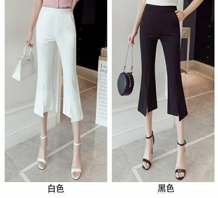 黑色微喇裤女九分前开叉2021春季新款韩版...