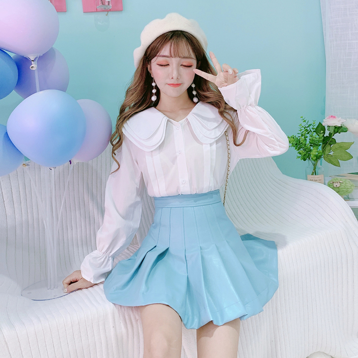 公主家秋装新款娃娃领荷叶边长袖白衬衫女韩版...