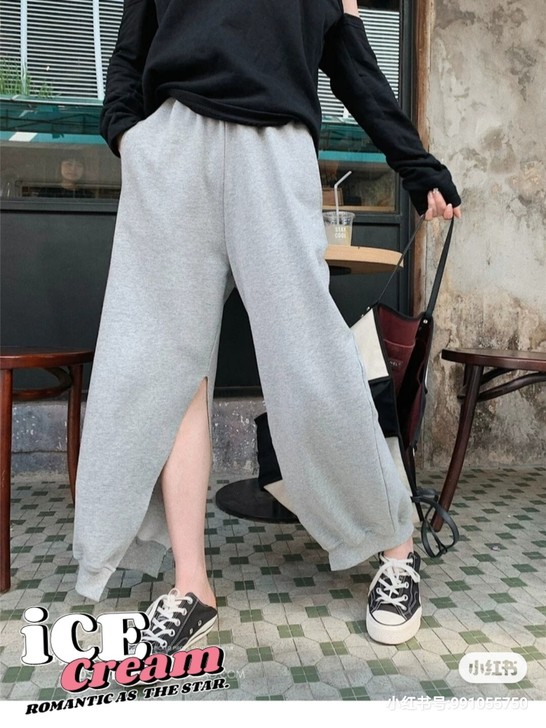 钱夫人雪梨定制裤子女宽松开叉运动休闲裤小个...